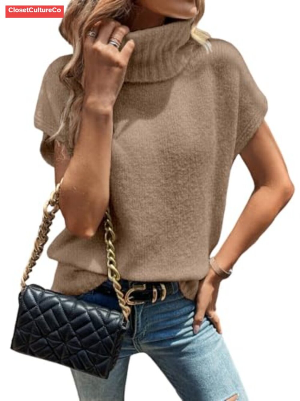 Turtleneck Cap Sleeve Sweater Vest Pullover Knitted Top